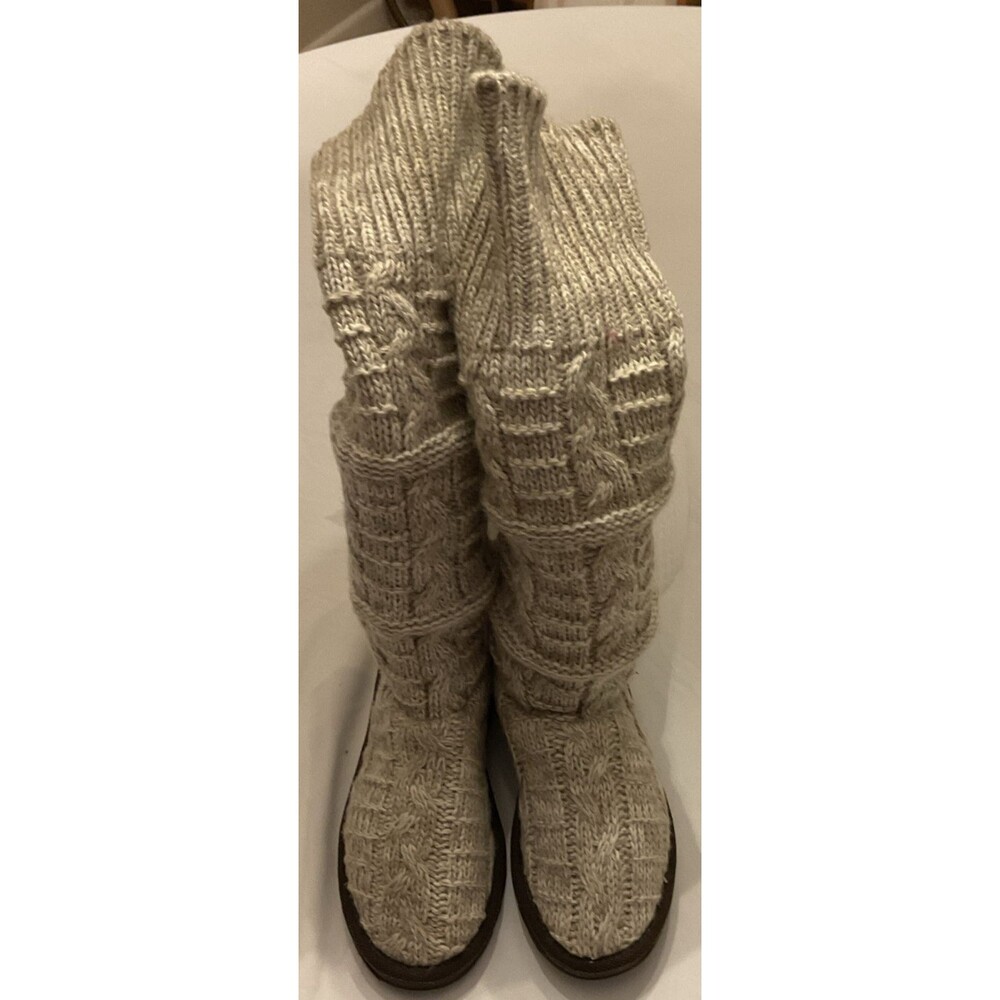 Muk Luks Cable Knit Slipper Boots Beige Tan Slouchy Cozy Winter Women’s Size 8
